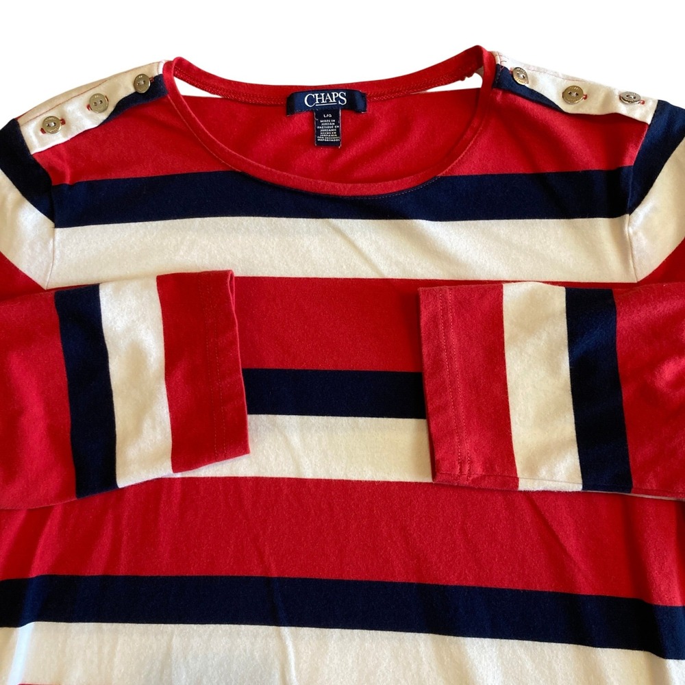 Chaps Top Womens Large Red White Navy Blue‎ Striped Button Shoulder L/S Blouse